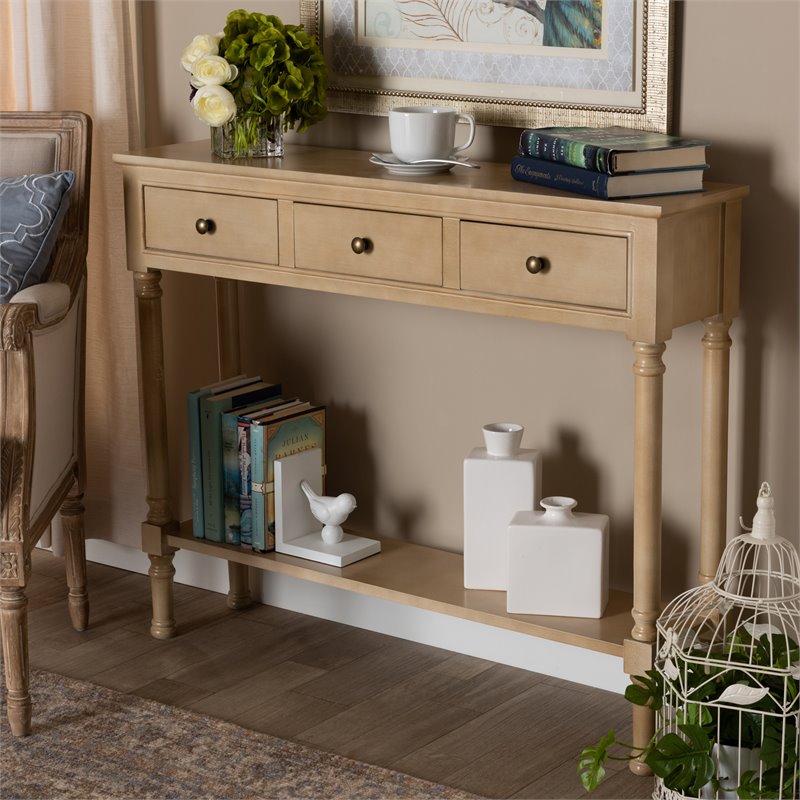 Bowery Hill Oak Brown Finished Wood 3-Drawer Entryway Console Table