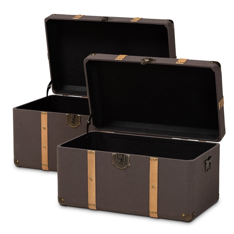 Bowery Hill Dark Brown Upholstered Oak Finished 2-Piece Trunk Set