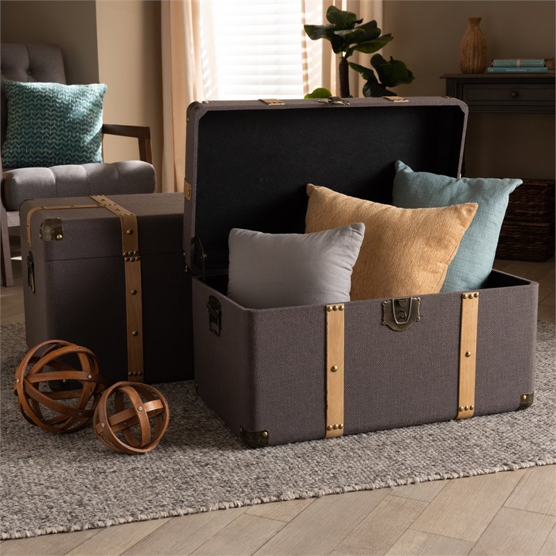 Bowery Hill Dark Brown Upholstered Oak Finished 2-Piece Trunk Set