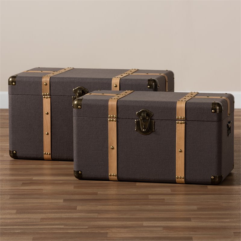 Bowery Hill Dark Brown Upholstered Oak Finished 2-Piece Trunk Set