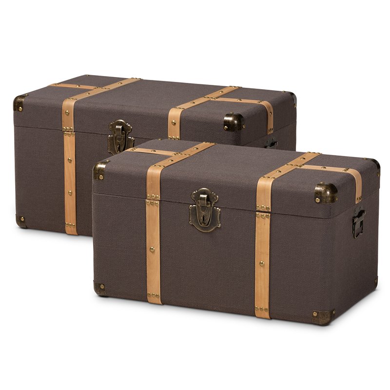 Bowery Hill Dark Brown Upholstered Oak Finished 2-Piece Trunk Set