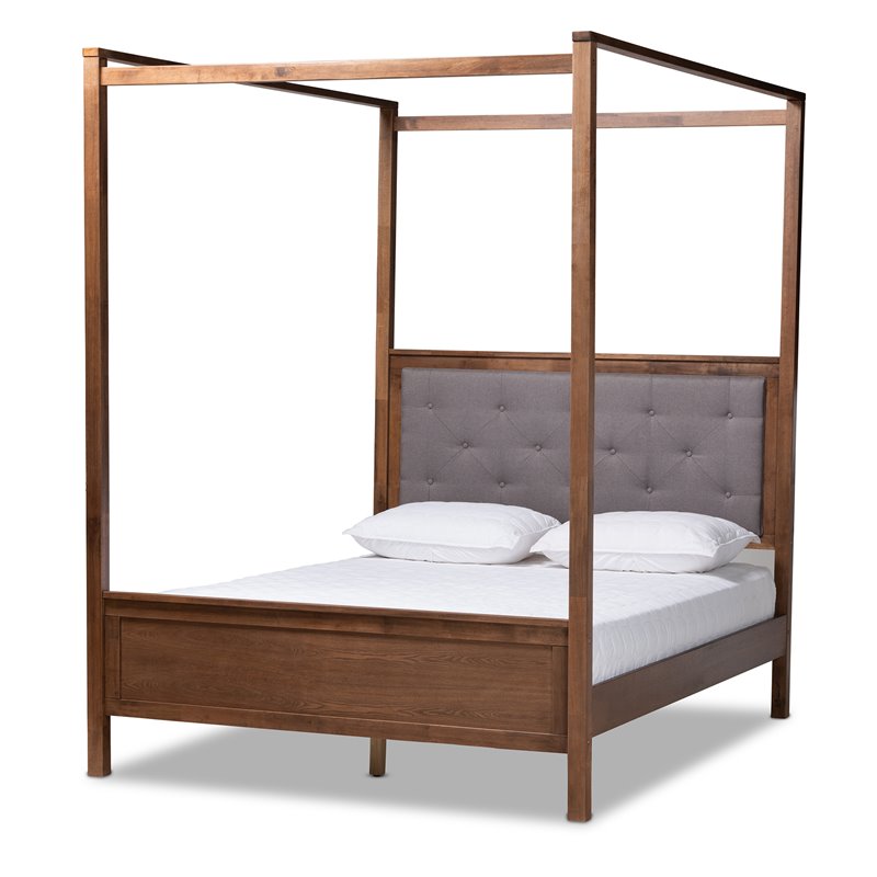 Bowery Hill King Size Grey Upholstered Walnut Finished Canopy Bed