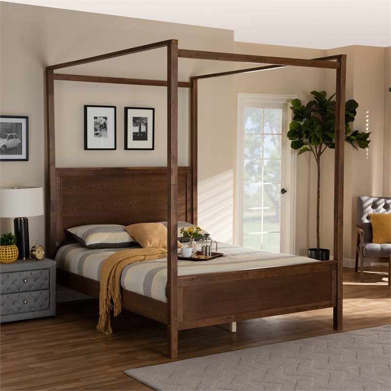 Bowery Hill Queen Size Walnut Finished Wood Platform Canopy Bed