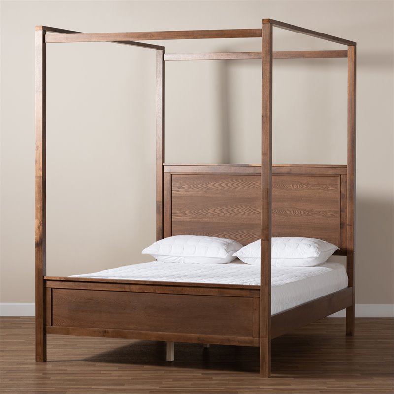 Bowery Hill Queen Size Walnut Finished Wood Platform Canopy Bed
