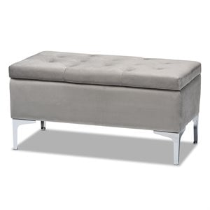 Bowery Hill Grey Velvet Silver Finished Storage Ottoman