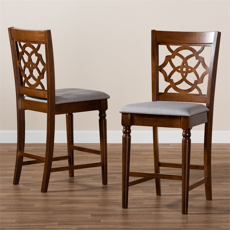 Bowery Hill Gray Upholstered Walnut Finished Wood 2-Piece Pub Chair Set