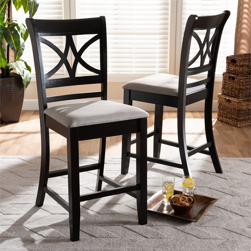 Bowery Hill Gray Upholstered Espresso Finished 2-Piece Pub Chairs