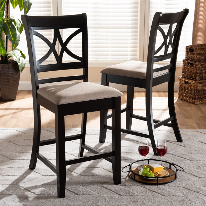 Bowery Hill Sand Upholstered Espresso Wood 2-Piece Pub Chairs
