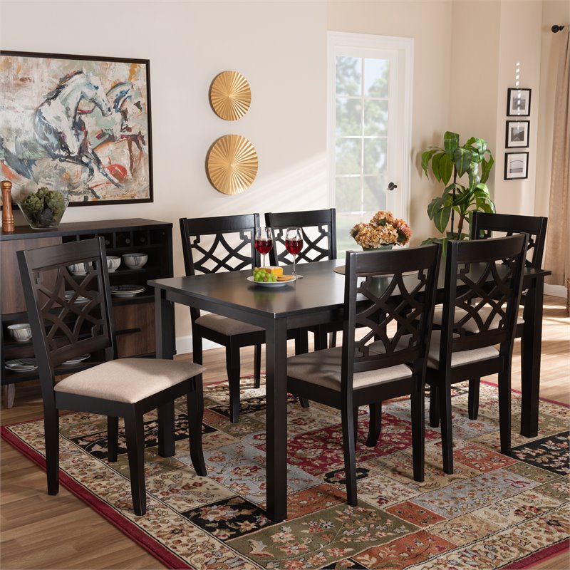 Bowery Hill Sand Upholstered Espresso Finished Wood 7-Piece Dining Set