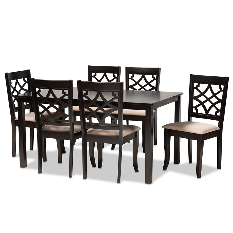 Bowery Hill Sand Upholstered Espresso Finished Wood 7-Piece Dining Set