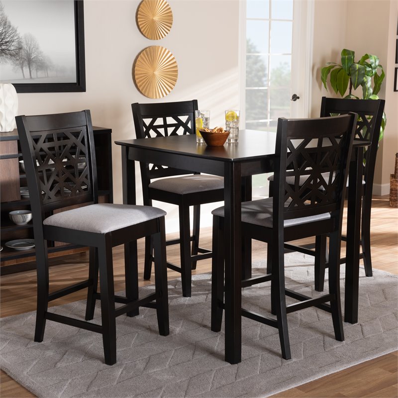 Bowery Hill Gray Upholstered Espresso Finished Wood 5-Piece Pub Set