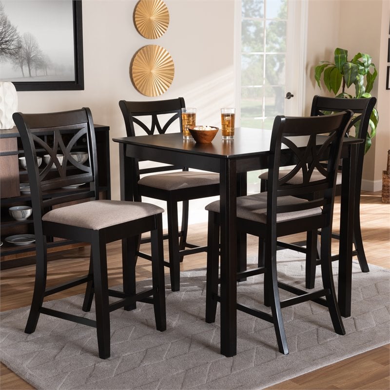 Bowery Hill Sand Upholstered Espresso Finished Wood 5-Piece Pub Set