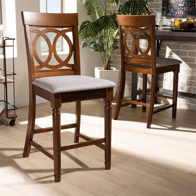 Bowery Hill Gray Upholstered Walnut Finished Wood 2-Piece Pub Chair Set