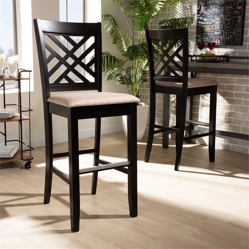 Bowery Hill Brown Upholstered Espresso Wood 2-Piece Bar Stool Set