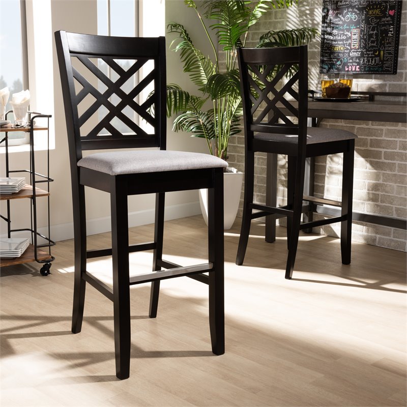 Bowery Hill Gray Upholstered Espresso Wood 2-Piece Bar Stool Set