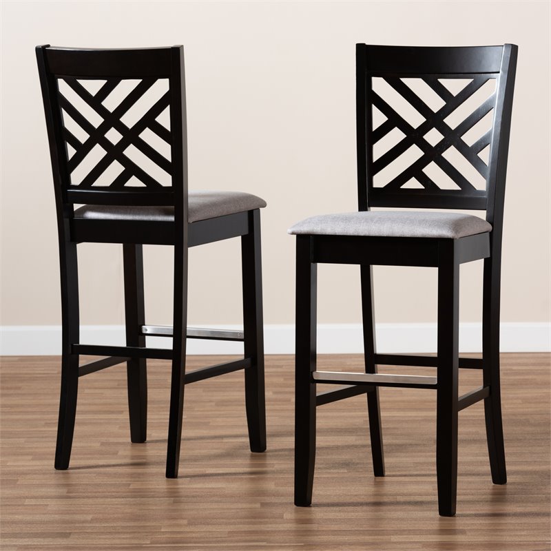 Bowery Hill Gray Upholstered Espresso Wood 2-Piece Bar Stool Set