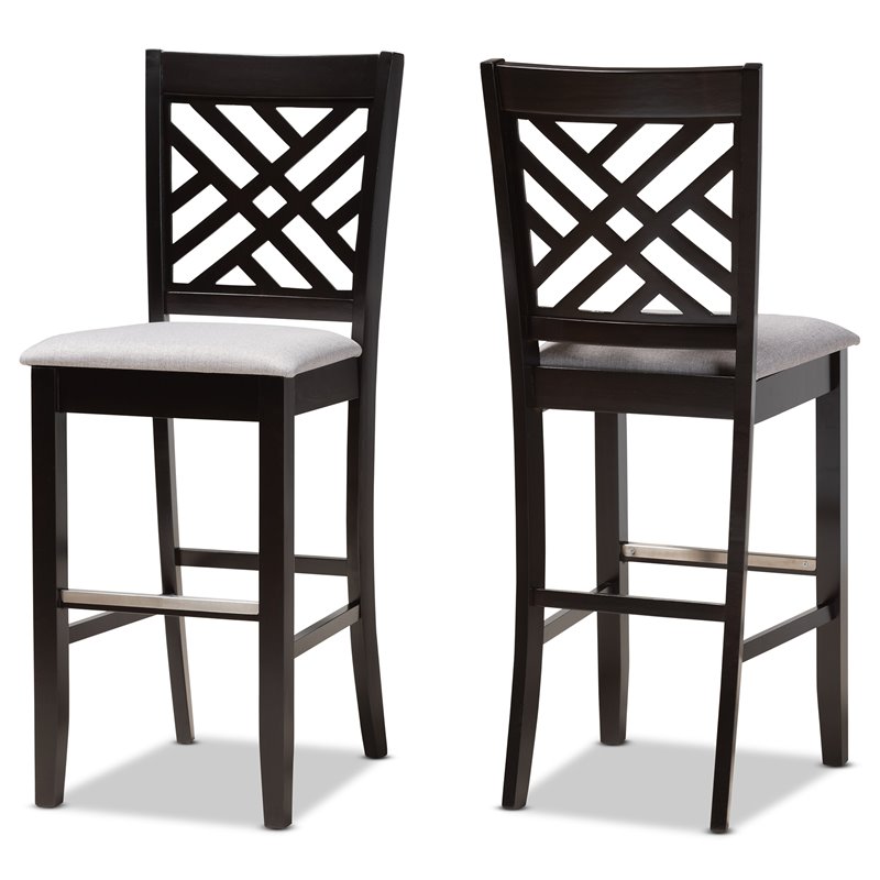 Bowery Hill Gray Upholstered Espresso Wood 2-Piece Bar Stool Set