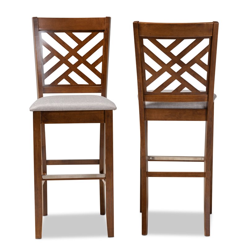 Bowery Hill Gray Upholstered Walnut Finished Wood 2-Piece Bar Stool Set