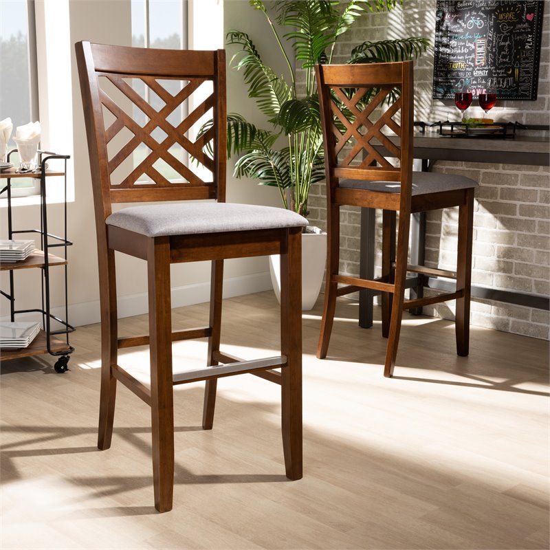 Bowery Hill Gray Upholstered Walnut Finished Wood 2-Piece Bar Stool Set