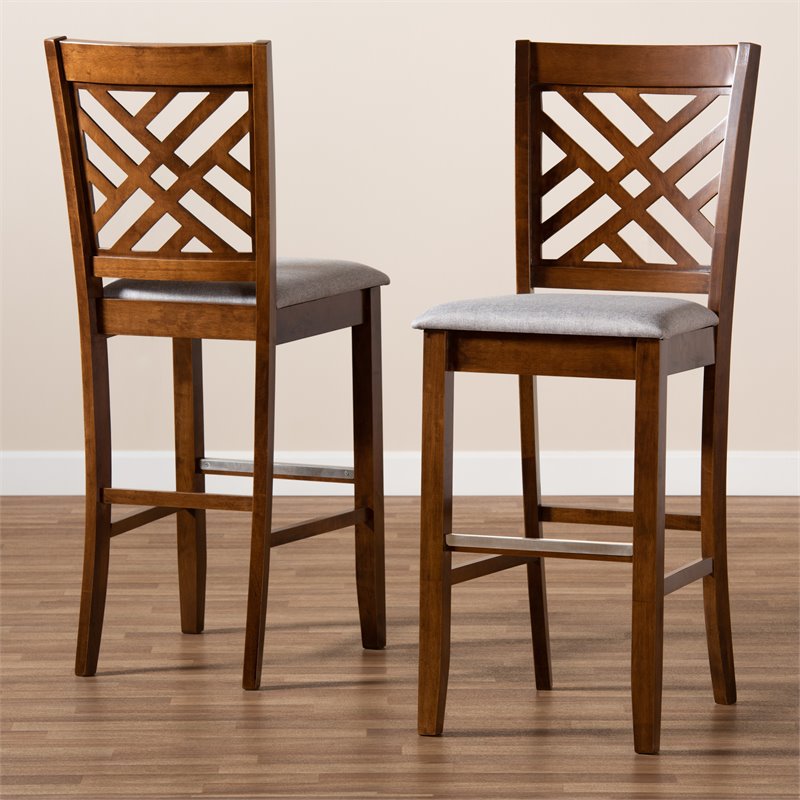 Bowery Hill Gray Upholstered Walnut Finished Wood 2-Piece Bar Stool Set