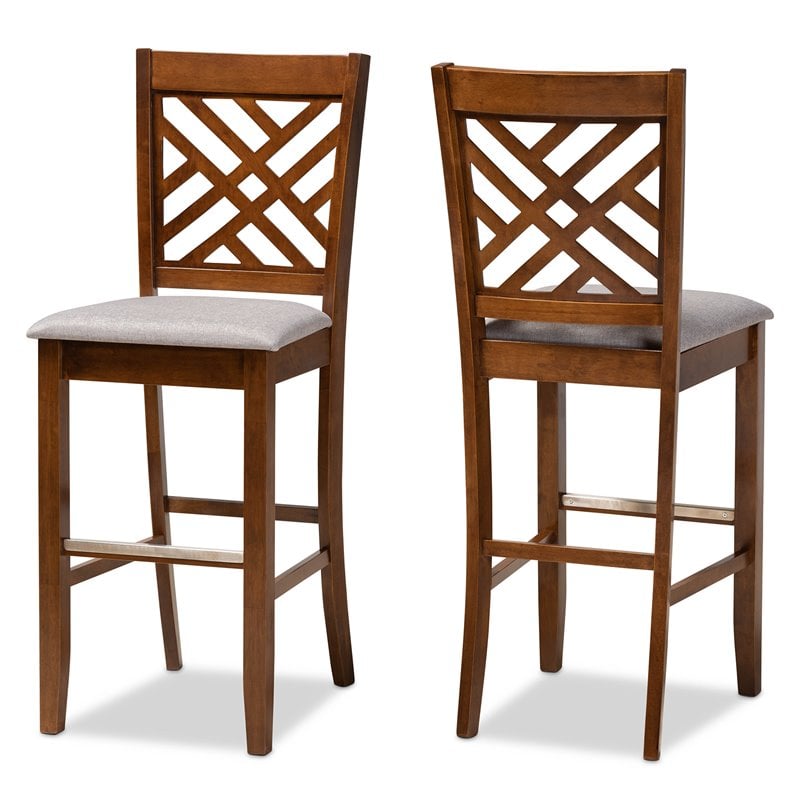 Bowery Hill Gray Upholstered Walnut Finished Wood 2-Piece Bar Stool Set