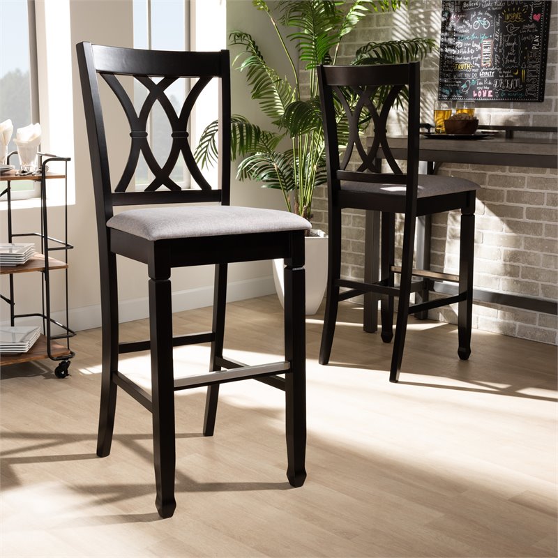 Bowery Hill Gray Upholstered Espresso Wood 2-Piece Bar Stool Set