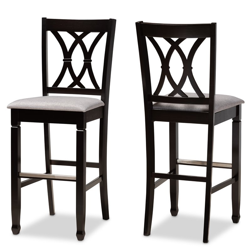 Bowery Hill Gray Upholstered Espresso Wood 2-Piece Bar Stool Set