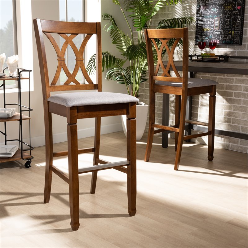 Bowery Hill Contemporary Gray Upholstered Walnut Wood 2-Piece Bar Stool Set