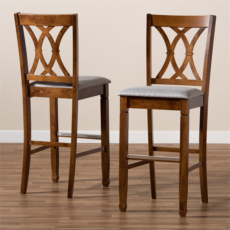 Bowery Hill Contemporary Gray Upholstered Walnut Wood 2-Piece Bar Stool Set
