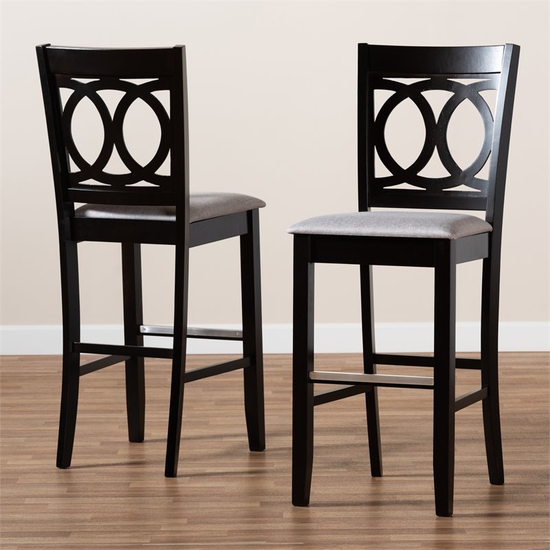 Bowery Hill Gray Upholstered Espresso Wood 2-Piece Bar Stool Set