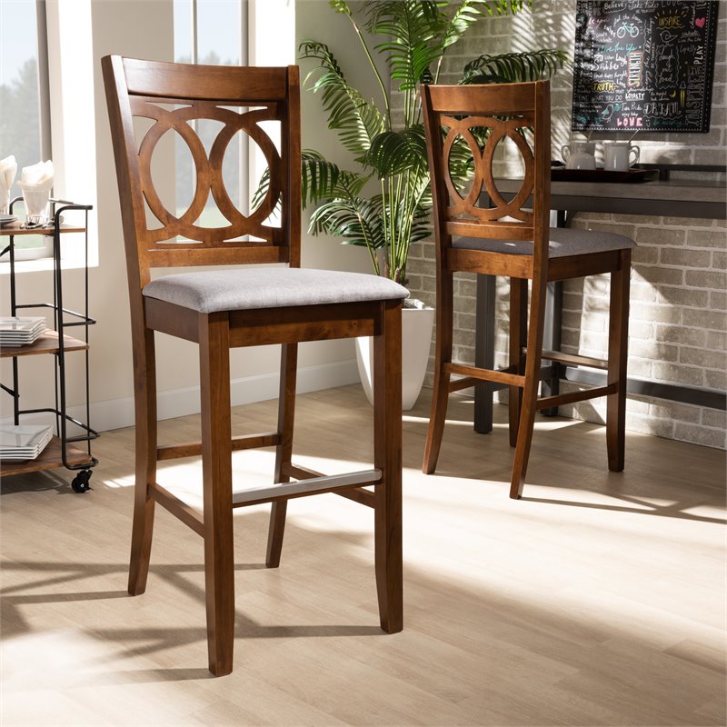 Bowery Hill Gray Upholstered Walnut Finished Wood 2-Piece Bar Stool Set