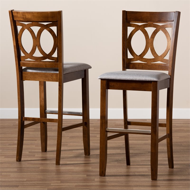 Bowery Hill Gray Upholstered Walnut Finished Wood 2-Piece Bar Stool Set
