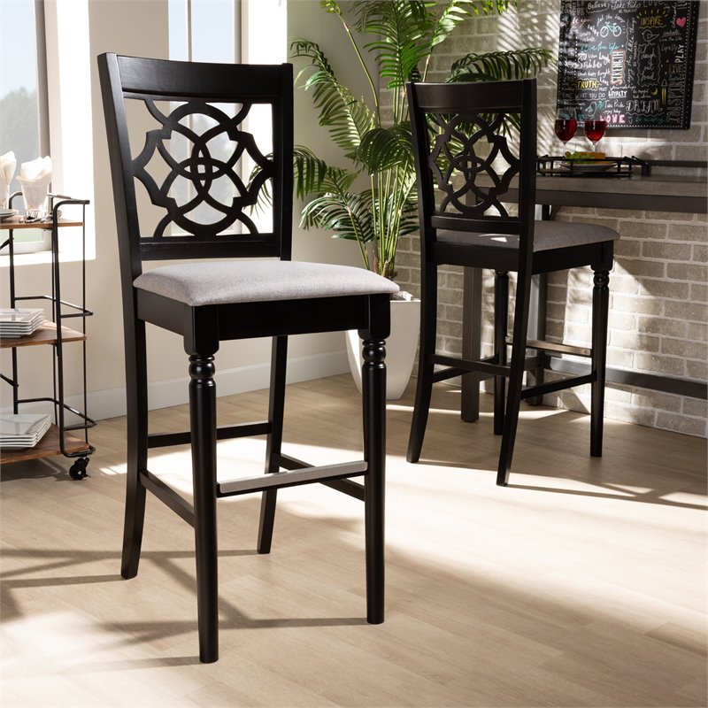Bowery Hill Contemporary Gray Upholstered Espresso Wood 2-Piece Bar Stool Set