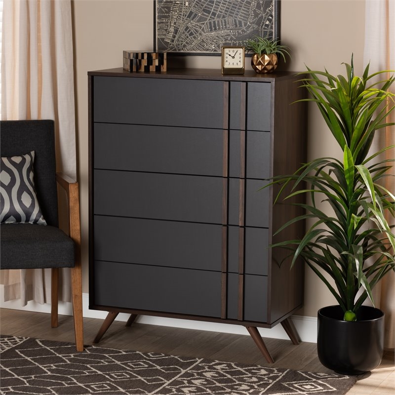 Bowery Hill Modern 5-Drawer Engineered Wood Bedroom Chest in Gray/Walnut Brown