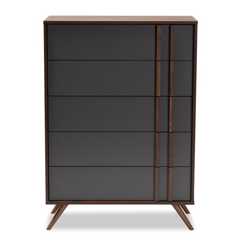 Bowery Hill Modern 5-Drawer Engineered Wood Bedroom Chest in Gray/Walnut Brown