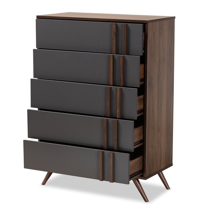 Bowery Hill Modern 5-Drawer Engineered Wood Bedroom Chest in Gray/Walnut Brown