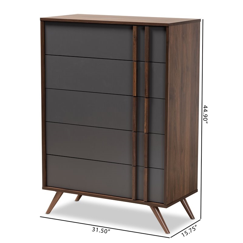 Bowery Hill Modern 5-Drawer Engineered Wood Bedroom Chest in Gray/Walnut Brown