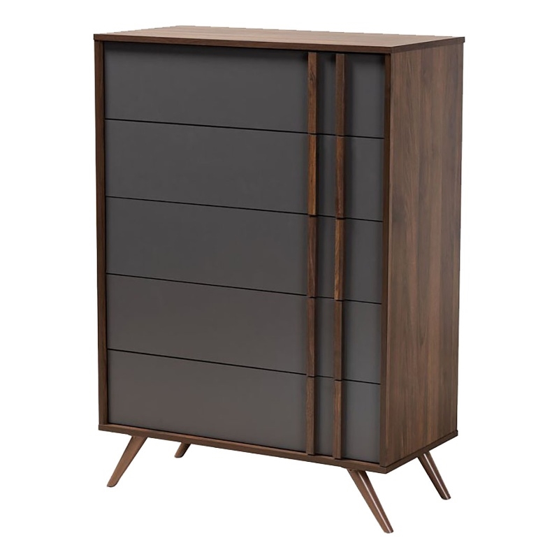 Bowery Hill Modern 5-Drawer Engineered Wood Bedroom Chest in Gray/Walnut Brown