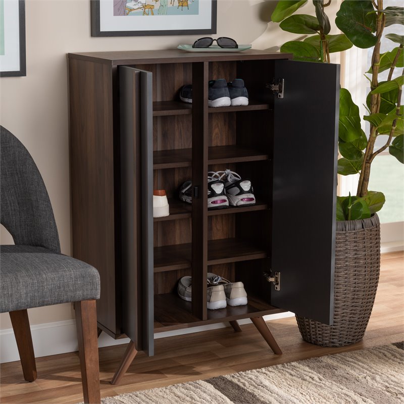 Bowery Hill Two-Tone Gray and Walnut Finished Wood 2-Door Shoe Cabinet