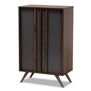 bowery hill two-tone gray and walnut finished wood 2-door shoe cabinet