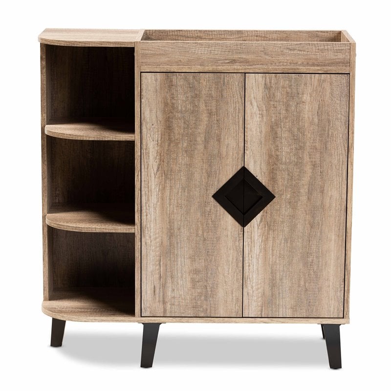 Bowery Hill Modern Oak Finished Wood 2-Door Shoe Cabinet with Open Shelves