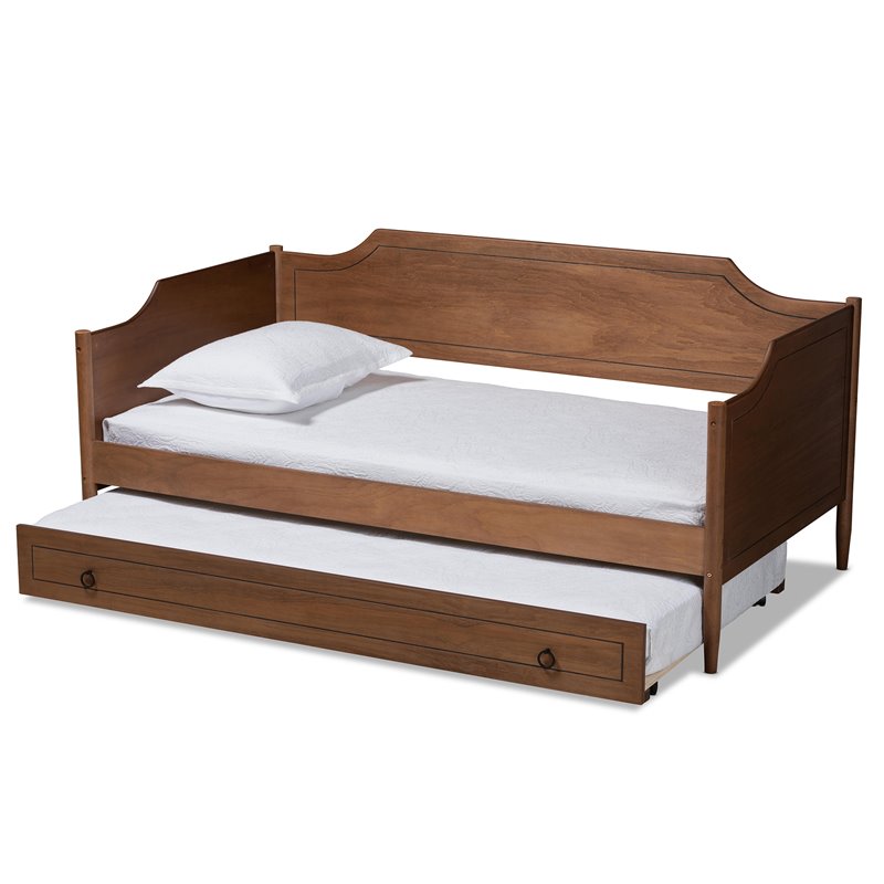 Bowery Hill Walnut Finished Wood Twin Size Daybed with Roll-Out Trundle