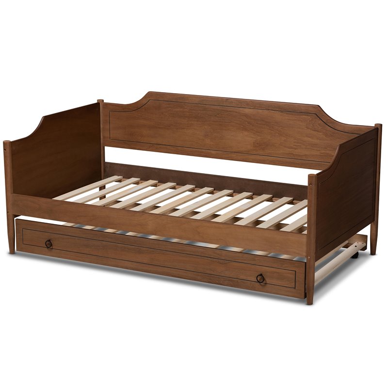 Bowery Hill Walnut Finished Wood Twin Size Daybed with Roll-Out Trundle