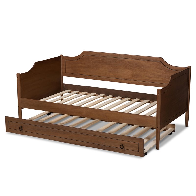Bowery Hill Walnut Finished Wood Twin Size Daybed with Roll-Out Trundle