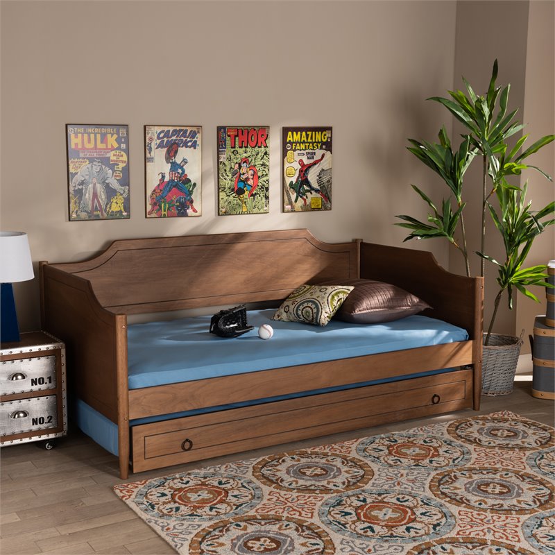 Bowery Hill Walnut Finished Wood Twin Size Daybed with Roll-Out Trundle