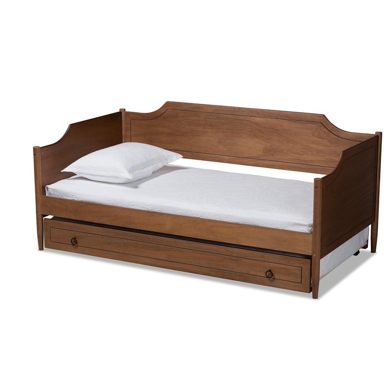 Bowery Hill Walnut Finished Wood Twin Size Daybed with Roll-Out Trundle