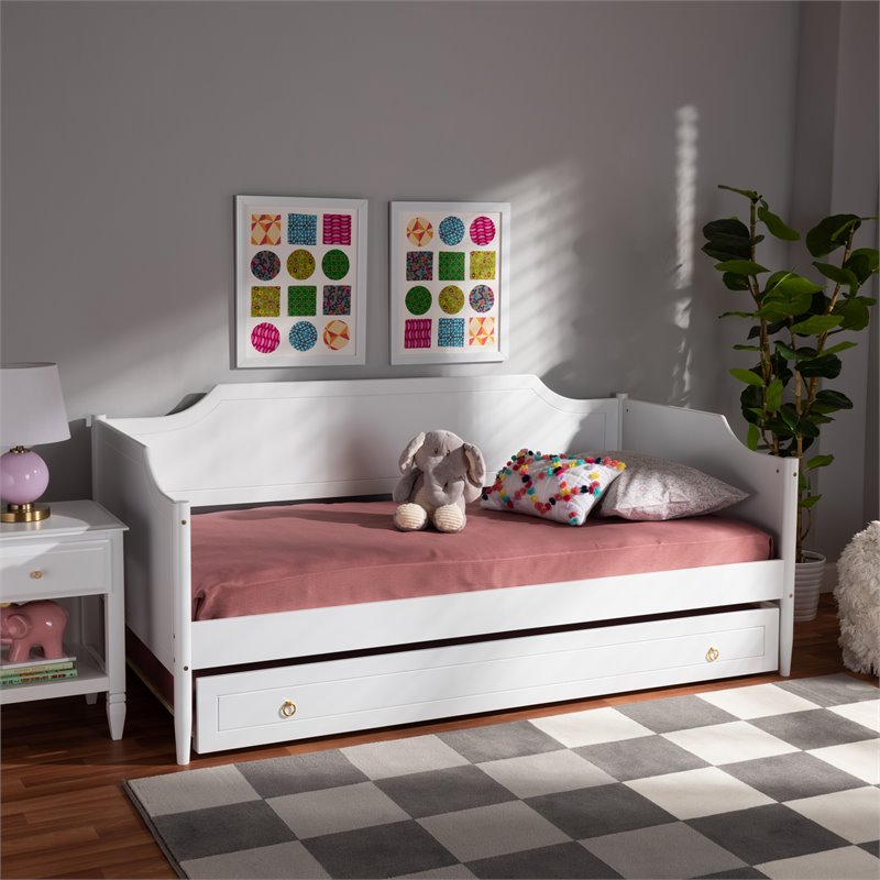 Bowery Hill White Finished Wood Twin Size Daybed with Roll-Out Trundle