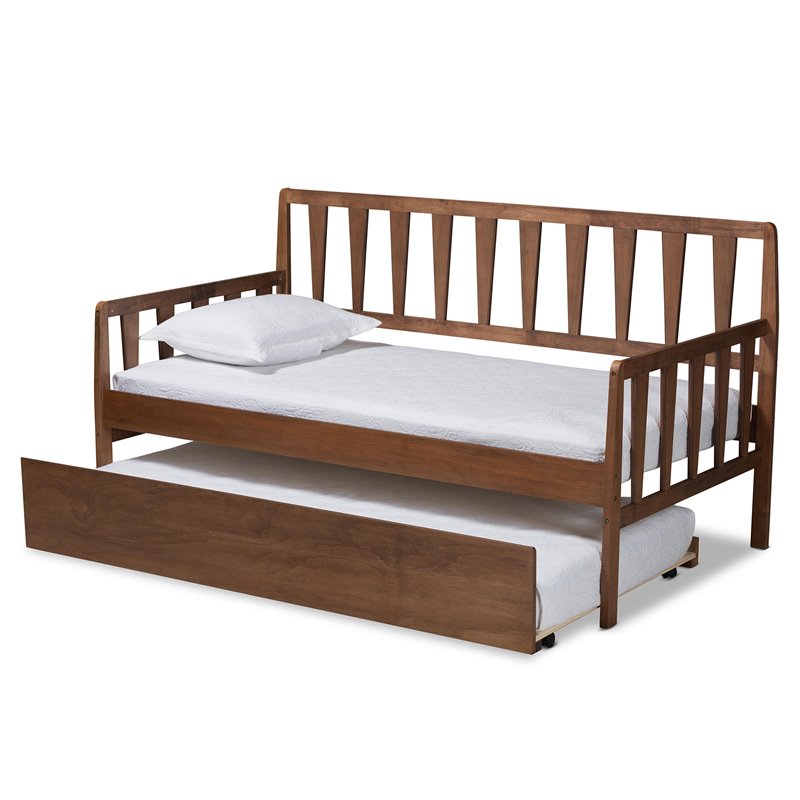 Bowery Hill Walnut Finished Wood Twin Size Daybed with Roll-Out Trundle