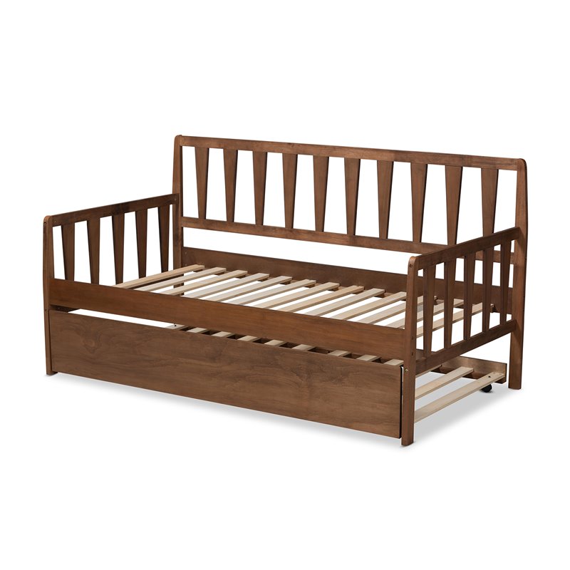Bowery Hill Walnut Finished Wood Twin Size Daybed with Roll-Out Trundle