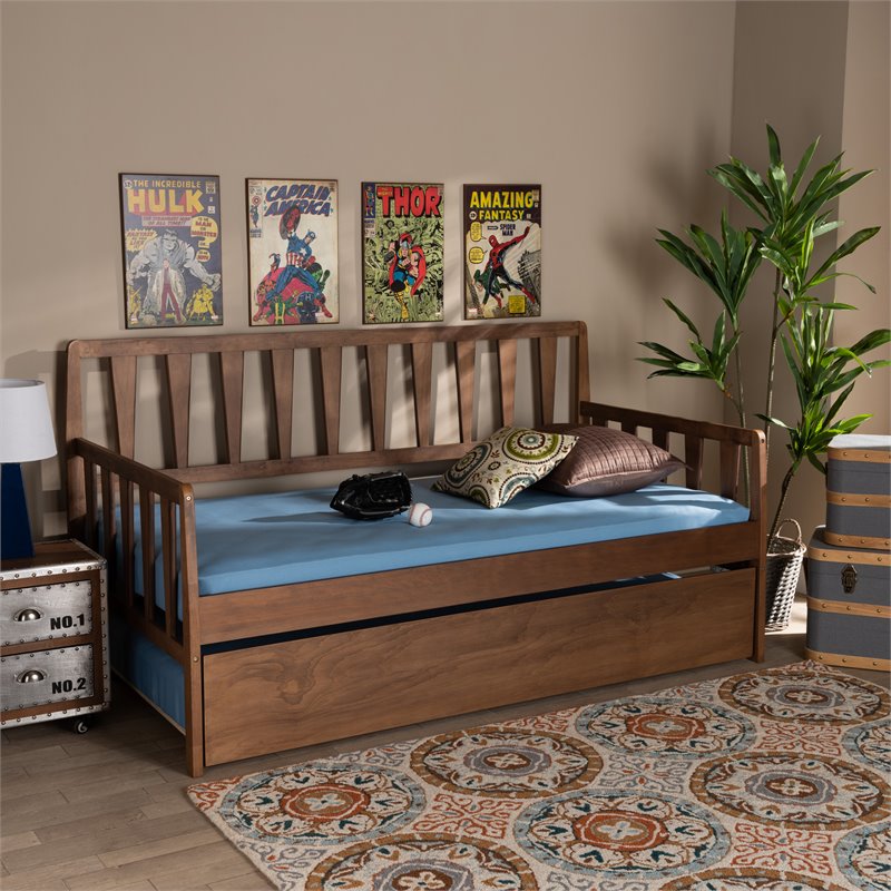 Bowery Hill Walnut Finished Wood Twin Size Daybed with Roll-Out Trundle